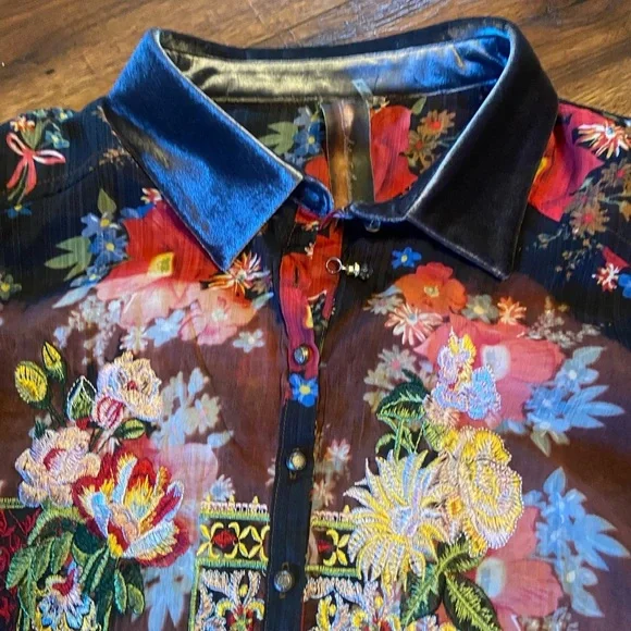 Aratta Silent Journey Women's M Floral Multi Color Trim Velvet Bohemian Top